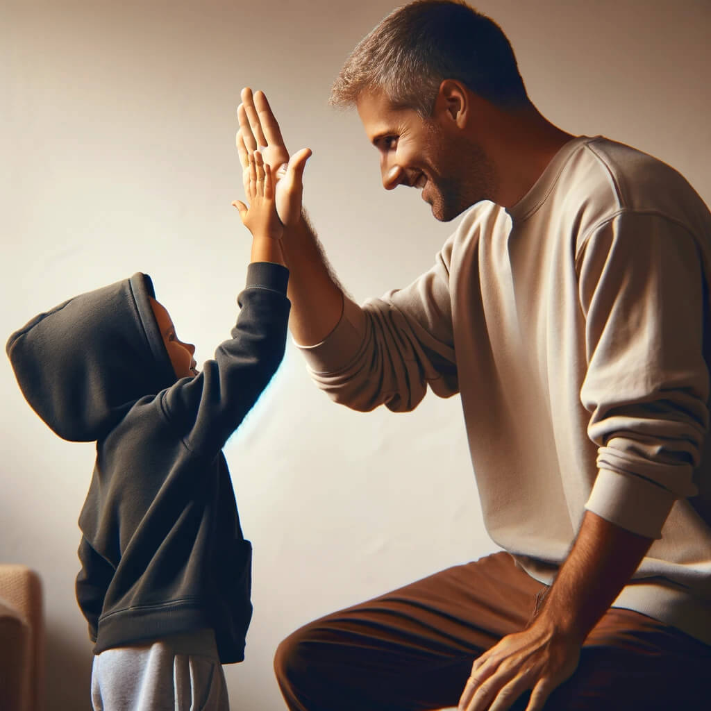 child and a parent engaging in a high-five, capturing a moment of connection and celebration. The child, wearing a casual dark-colored h