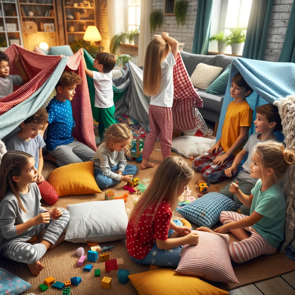children participating in an indoor activity, such as building a fort with blankets and pillows in a living room