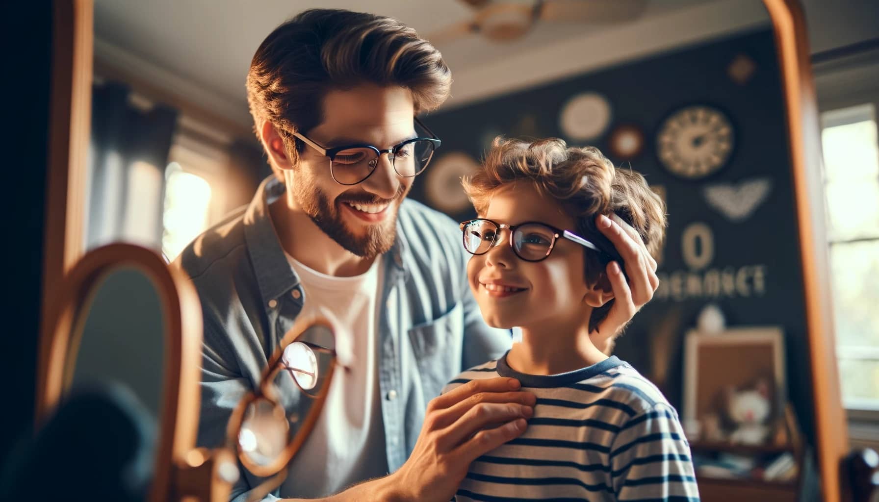the parent helping their child adjust to new eyeglasses scene highlights the warmth, love, and support, focusing on the child's growing confidence and the importance of embracing change